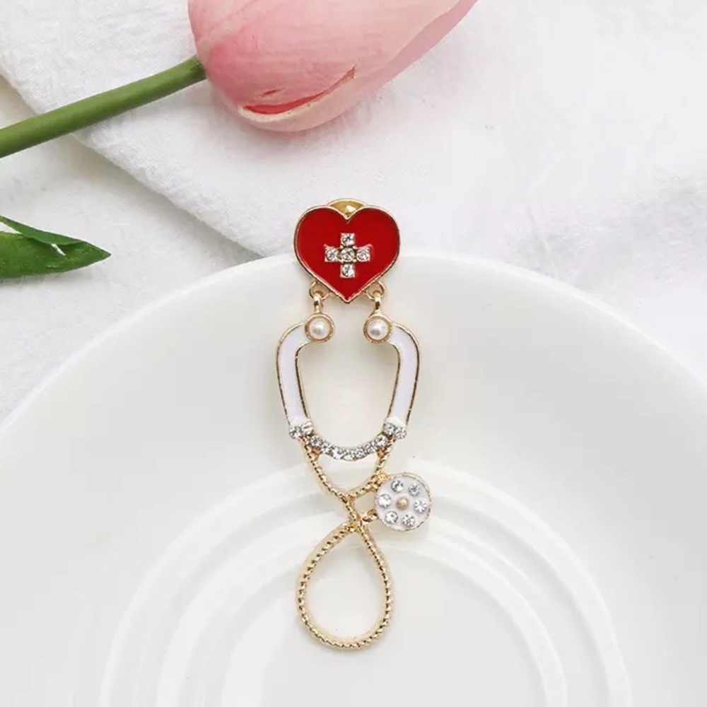 Red Heart Crystal Pearl Stethoscope Brooch Lapel Pin